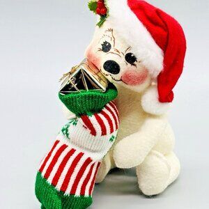 Annalee Bear Santa Hat Christmas Stocking Gift Present Holly‎ 6 inch Eyes Open